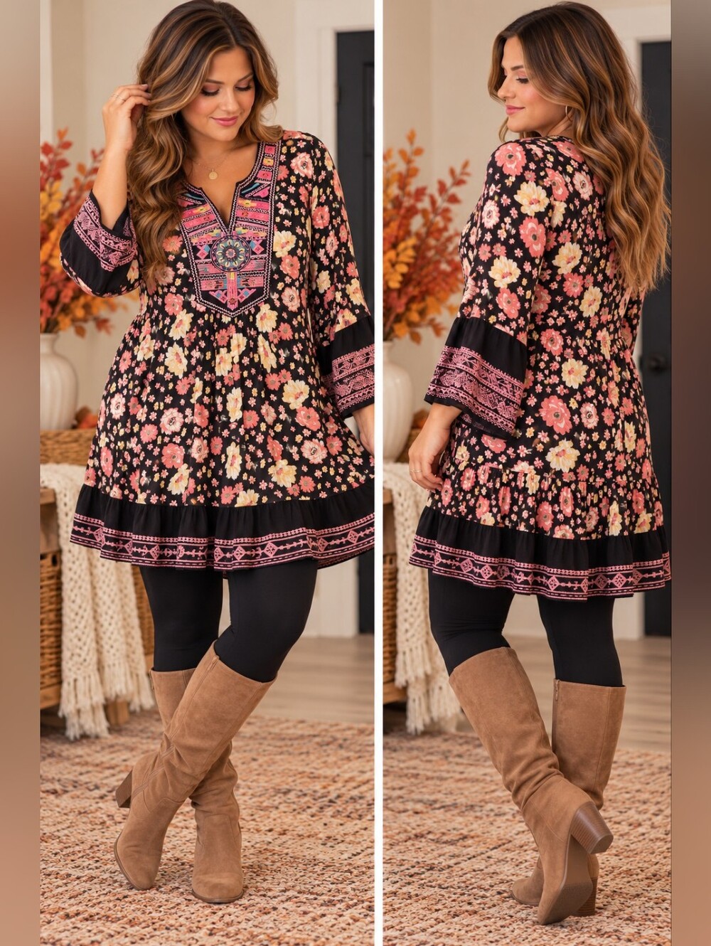 Calessa Floral Embroidered Boho Tunic Dress Bell Sleeve Size Large